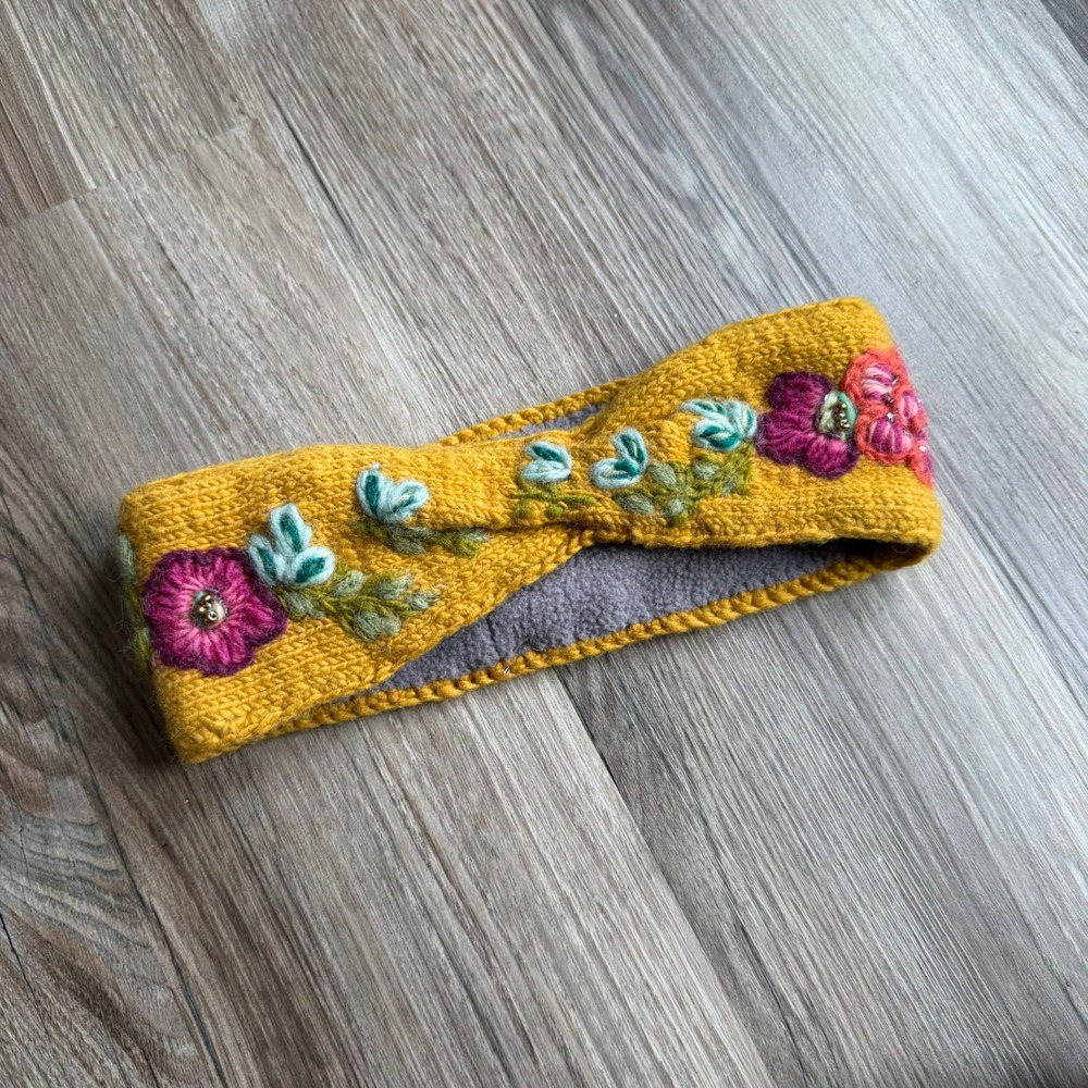 French Knot Yellow Wool Embroidered Floral Fleece Lined Ear Warmer Headband